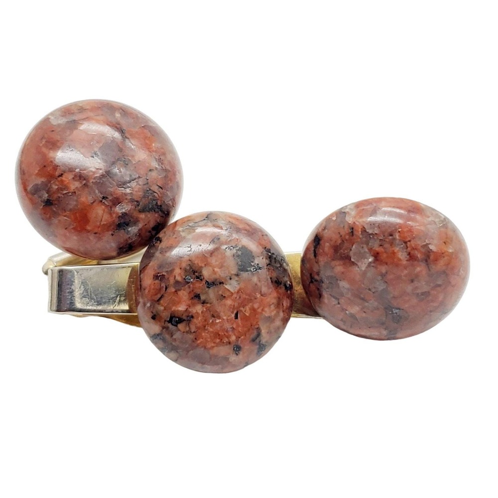 Red Jasper Cufflinks Tie Bar Set Chunky Round Stone Clip Clasp Suit Vintage 70s